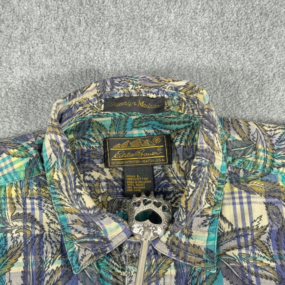 Vintage Eddie Bauer Superior Madras Shirt Mens Large Floral Plaid Short Sleeve - Picture 4 of 5